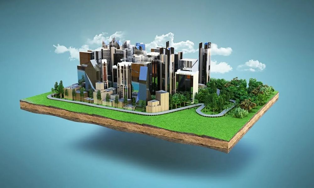 3D illustration of a real estate development on a floating plot of land